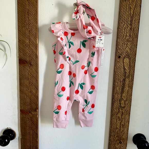 New Cat & Jack Baby Girl 0-3 Months Cherry Romper & Headband Accessorym - Picture 6 of 7